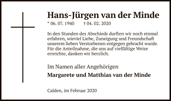Traueranzeige von Hans-Jürgen van der Minde von HNA