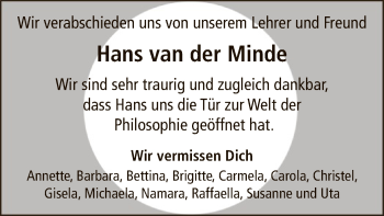 Traueranzeige von Hans van der Minde von HNA
