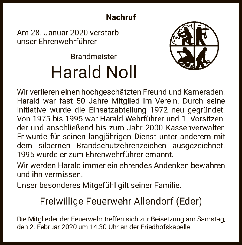  Traueranzeige für Harald Noll vom 01.02.2020 aus HNA