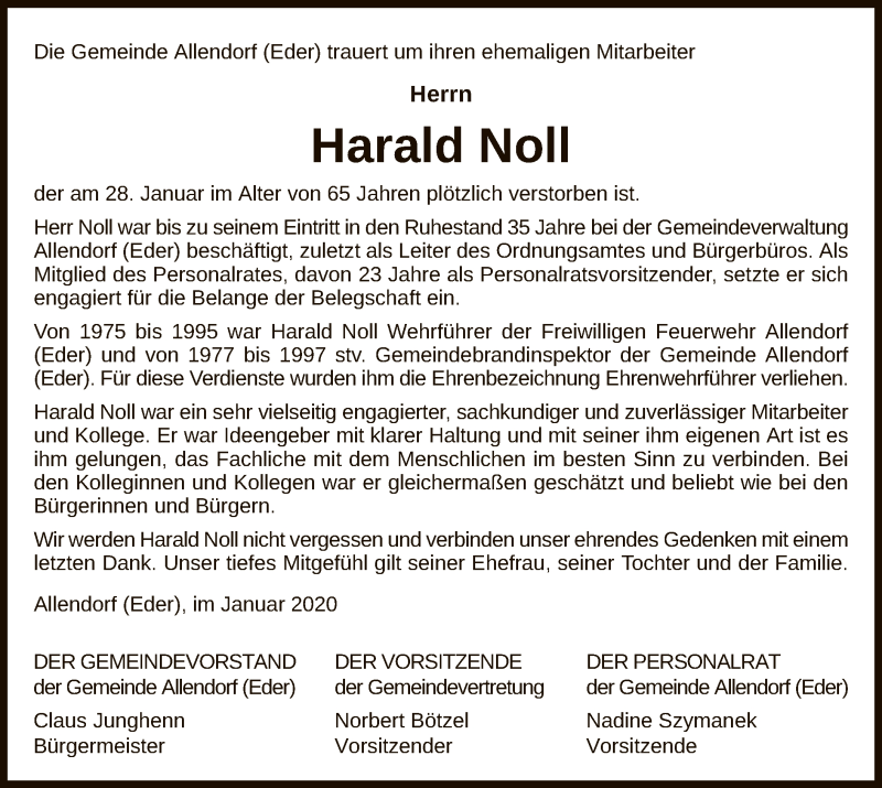  Traueranzeige für Harald Noll vom 01.02.2020 aus HNA