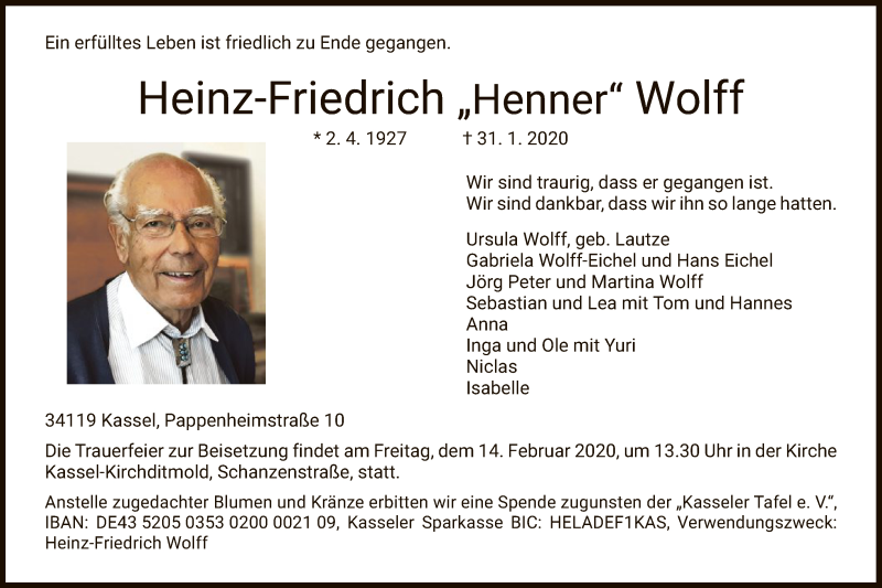  Traueranzeige für Heinz-Friedrich Wolff vom 08.02.2020 aus HNA