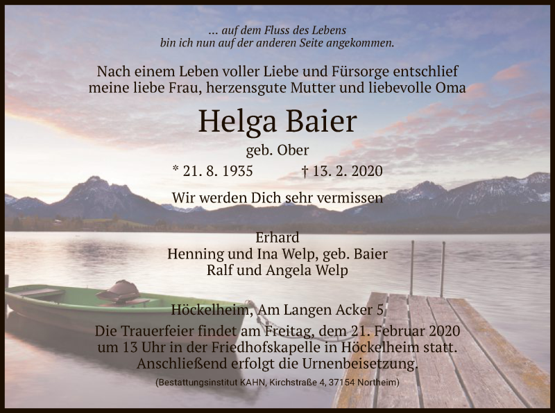  Traueranzeige für Helga Baier vom 15.02.2020 aus HNA