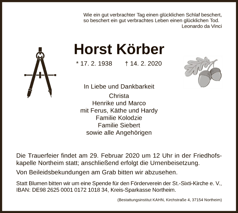  Traueranzeige für Horst Körber vom 22.02.2020 aus HNA