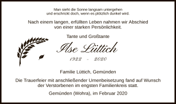 Traueranzeige von Ilse Lüttich von HNA