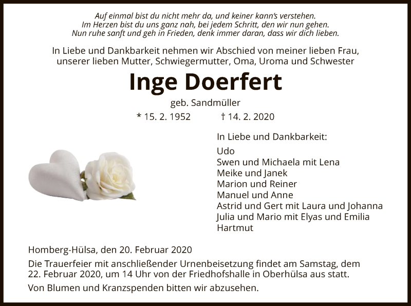  Traueranzeige für Inge Doerfert vom 20.02.2020 aus HNA