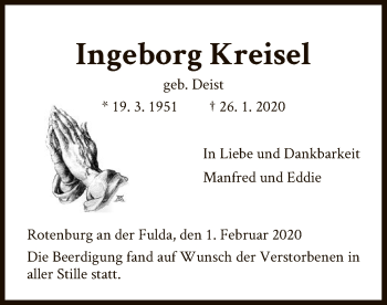 Traueranzeige von Ingeborg Kreisel von HNA