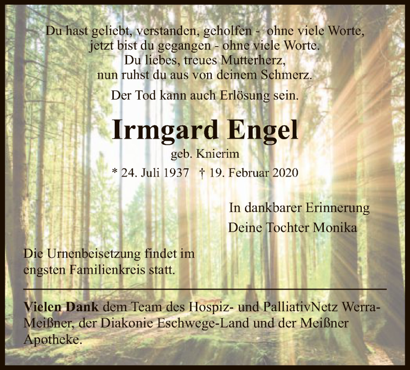  Traueranzeige für Irmgard Engel vom 29.02.2020 aus HNA