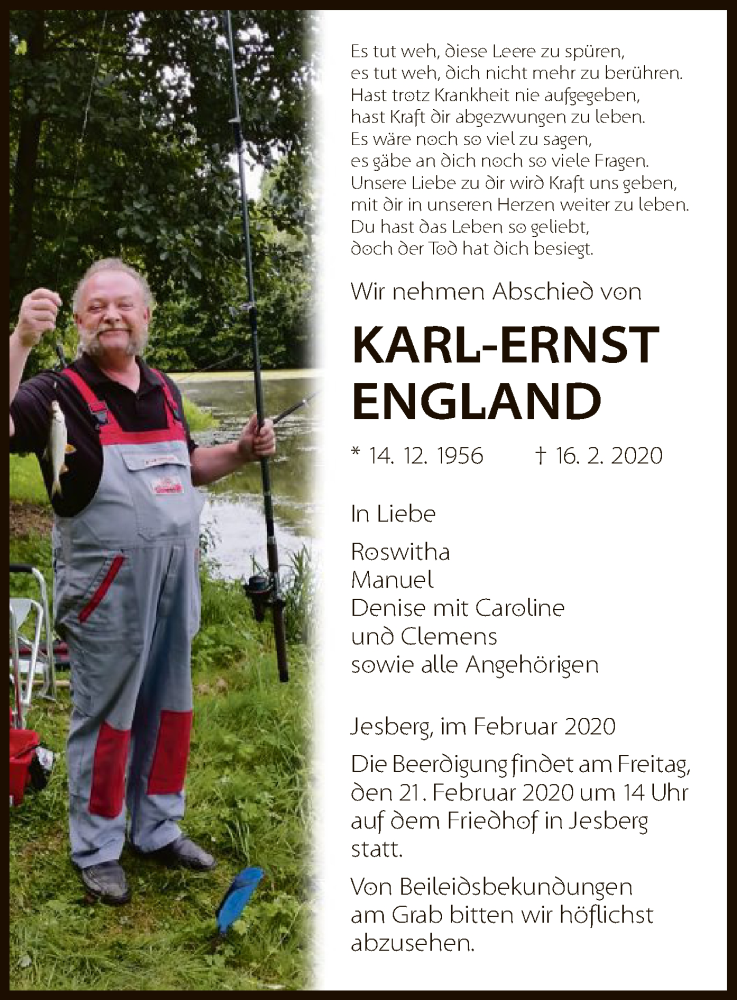  Traueranzeige für Karl-Ernst England vom 18.02.2020 aus HNA