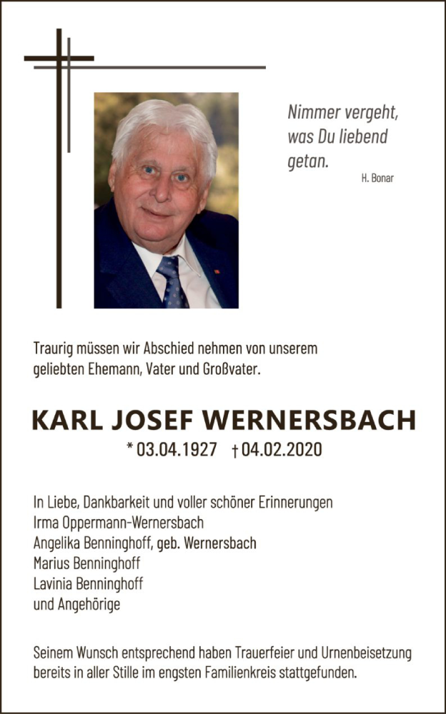  Traueranzeige für Karl Josef vom 22.02.2020 aus HNA