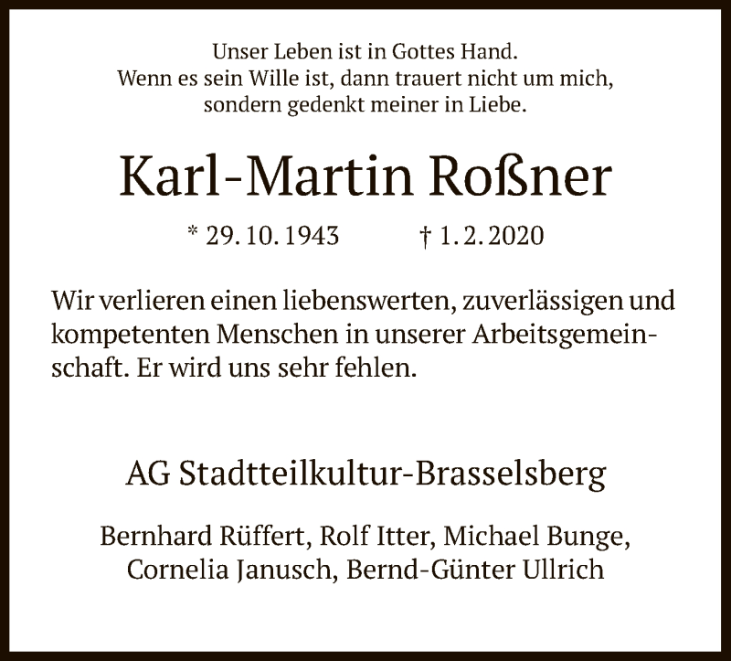  Traueranzeige für Karl-Martin Roßner vom 22.02.2020 aus HNA