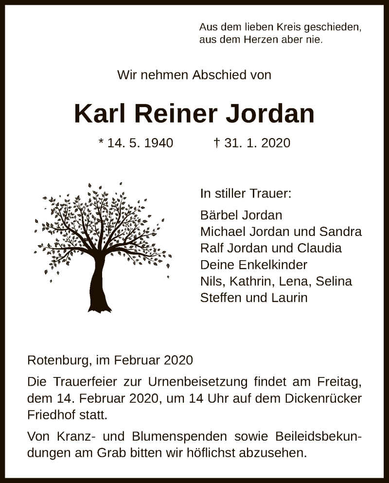  Traueranzeige für Karl Reiner Jordan vom 11.02.2020 aus HNA