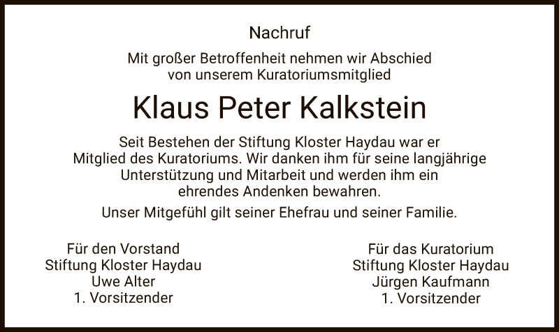 Traueranzeige für Klaus Peter Kalkstein vom 27.02.2020 aus HNA