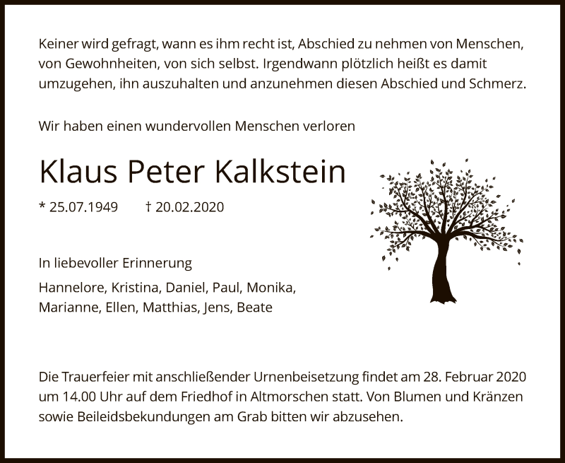  Traueranzeige für Klaus Peter Kalkstein vom 25.02.2020 aus HNA