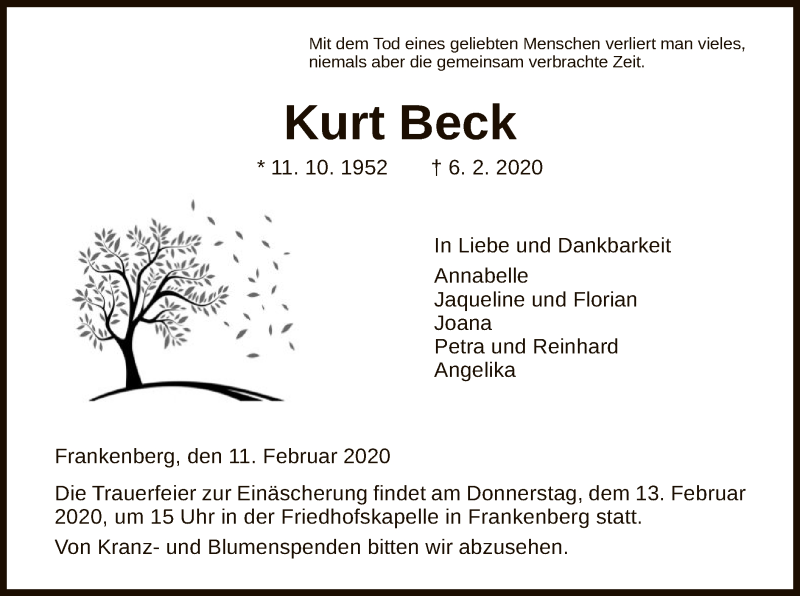  Traueranzeige für Kurt Beck vom 11.02.2020 aus HNA