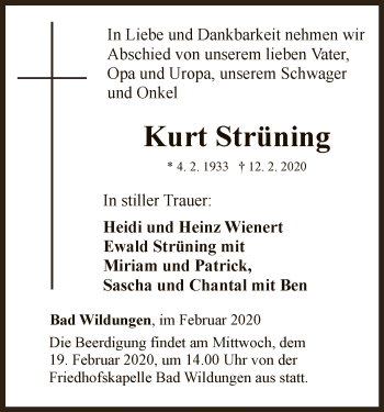 Traueranzeige von Kurt Strüning von HNA