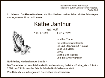 Traueranzeige von Käthe Janthur von HNA