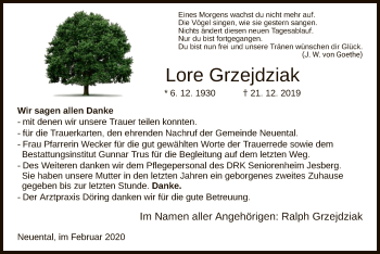 Traueranzeige von Lore Grzejdziak von HNA