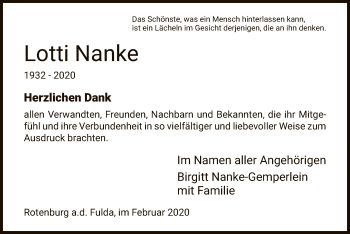 Traueranzeige von Lotti Nanke von HNA