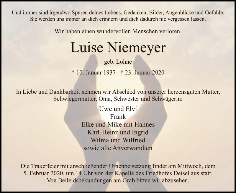  Traueranzeige für Luise Niemeyer vom 01.02.2020 aus HNA