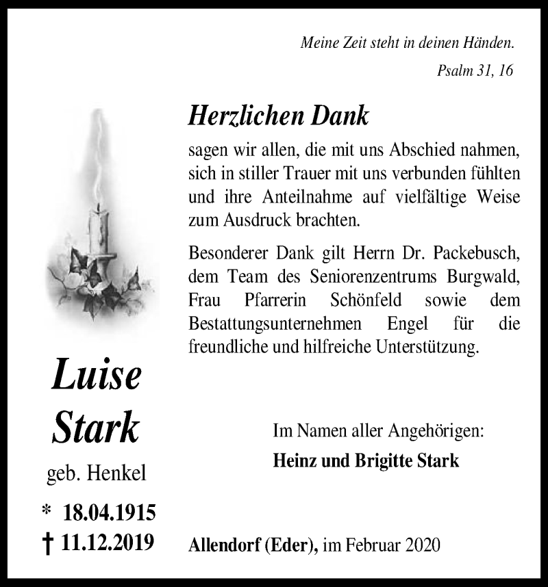 Traueranzeige für Luise Stark vom 01.02.2020 aus HNA
