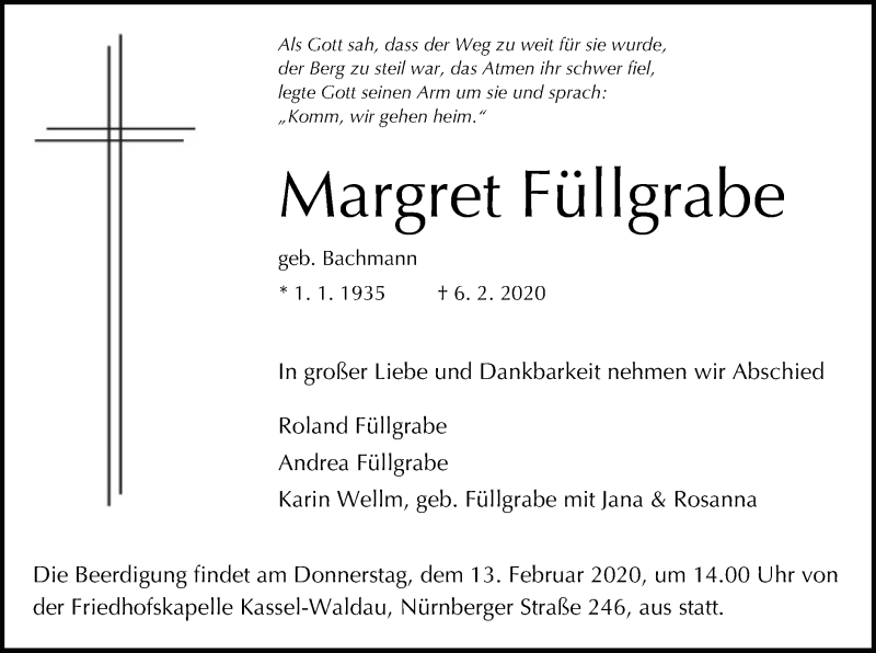  Traueranzeige für Margret Füllgrabe vom 08.02.2020 aus HNA
