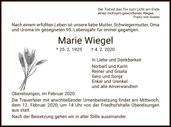 Traueranzeigen von Marie Wiegel | Trauer.HNA.de