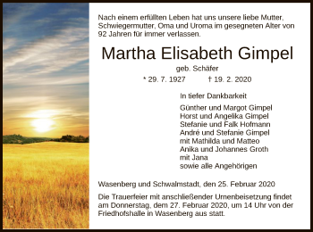 Traueranzeige von Martha Elisabeth Gimpel von HNA