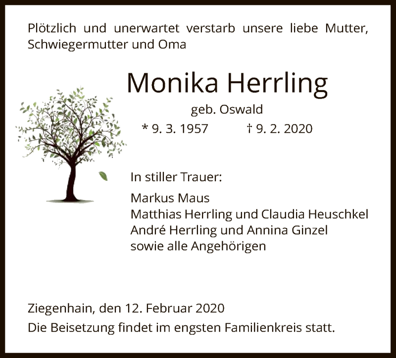  Traueranzeige für Monika Herrling vom 12.02.2020 aus HNA