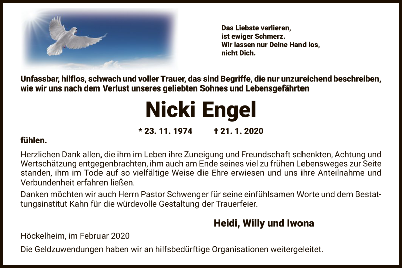  Traueranzeige für Nicki Engel vom 20.02.2020 aus HNA