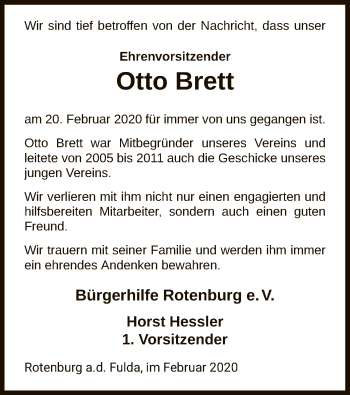 Traueranzeige von Otto Brett von HNA