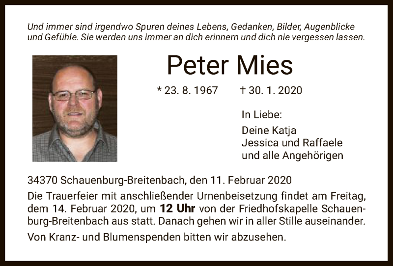  Traueranzeige für Peter Mies vom 11.02.2020 aus HNA