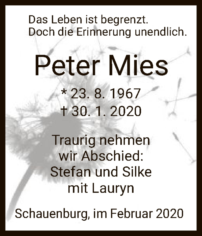  Traueranzeige für Peter Mies vom 14.02.2020 aus HNA
