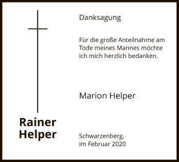 Traueranzeige von Rainer Helper von HNA