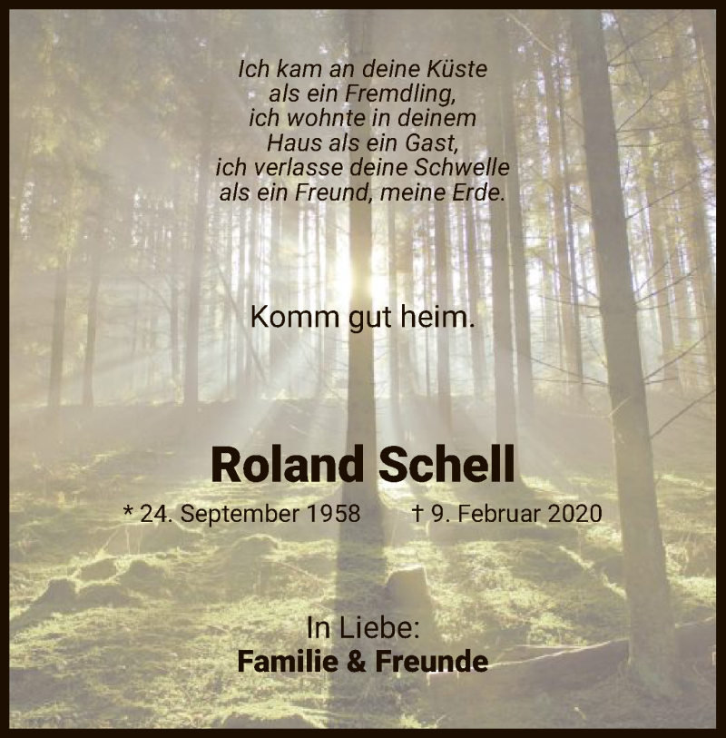  Traueranzeige für Roland Schell vom 21.02.2020 aus HNA