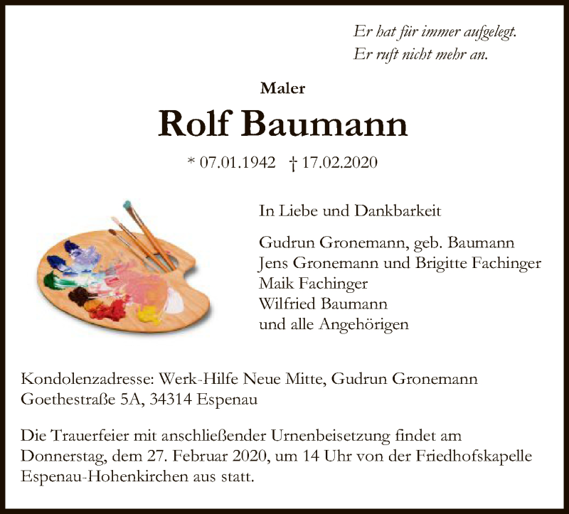  Traueranzeige für Rolf Baumann vom 22.02.2020 aus HNA