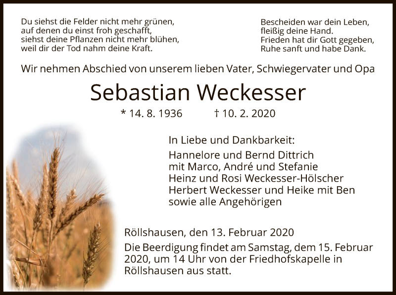  Traueranzeige für Sebastian Weckesser vom 13.02.2020 aus HNA