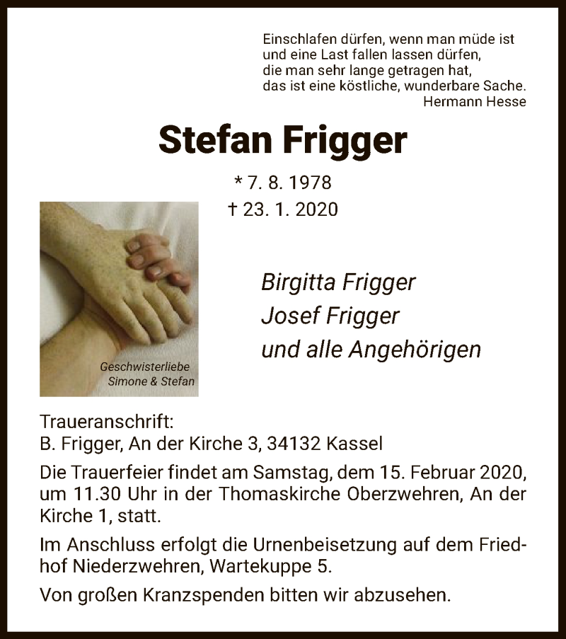  Traueranzeige für Stefan Frigger vom 08.02.2020 aus HNA