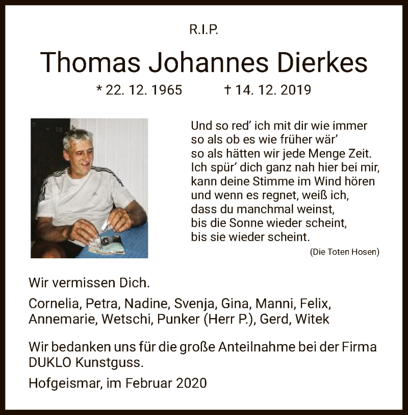  Traueranzeige für Thomas Johannes Dierkes vom 08.02.2020 aus HNA