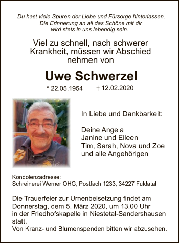 Traueranzeige von Uwe Schwerzel von HNA