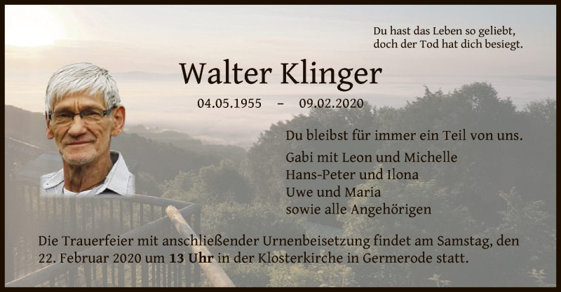  Traueranzeige für Walter Klinger vom 19.02.2020 aus HNA