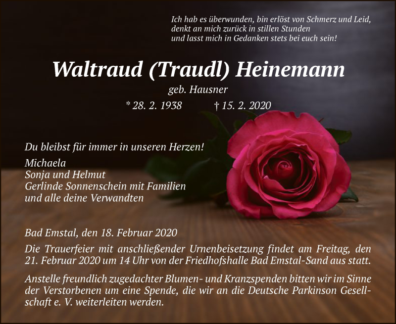  Traueranzeige für Waltraud Heinemann vom 18.02.2020 aus HNA