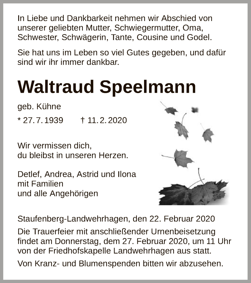  Traueranzeige für Waltraud Speelmann vom 22.02.2020 aus HNA
