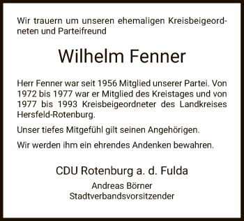 Traueranzeige von Wilhelm Fenner von HNA