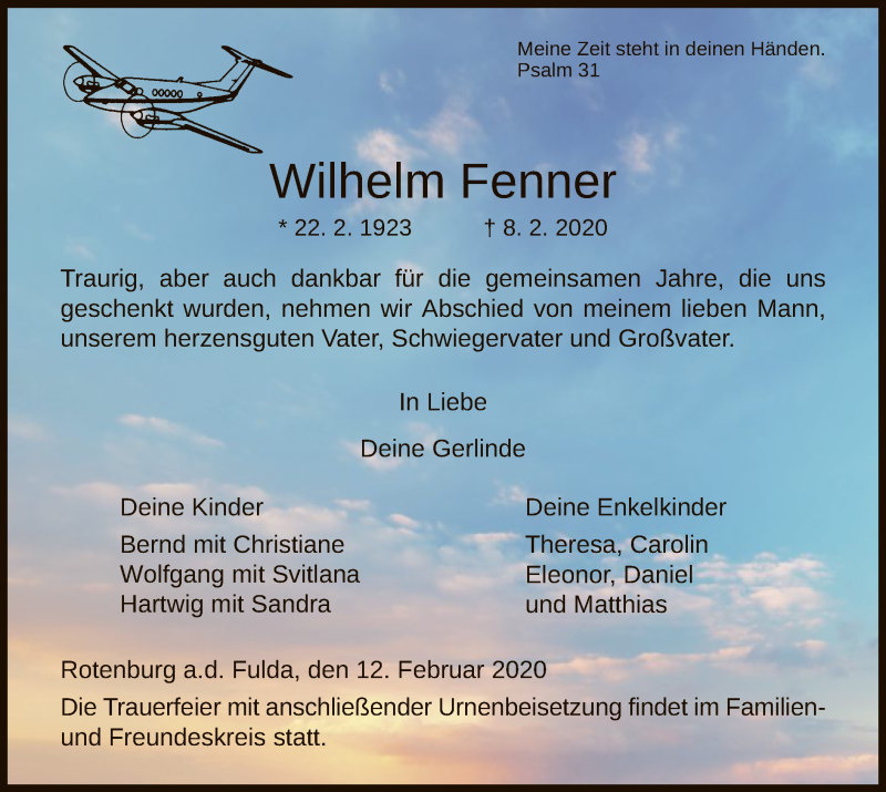  Traueranzeige für Wilhelm Fenner vom 12.02.2020 aus HNA