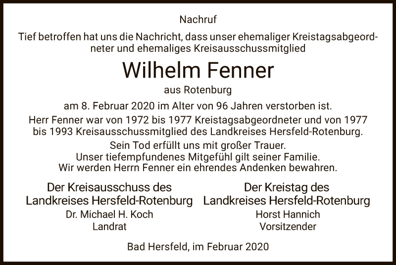  Traueranzeige für Wilhelm Fenner vom 13.02.2020 aus HNA