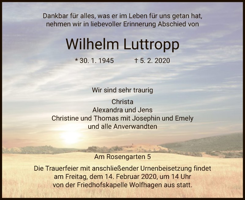  Traueranzeige für Wilhelm Luttropp vom 08.02.2020 aus HNA