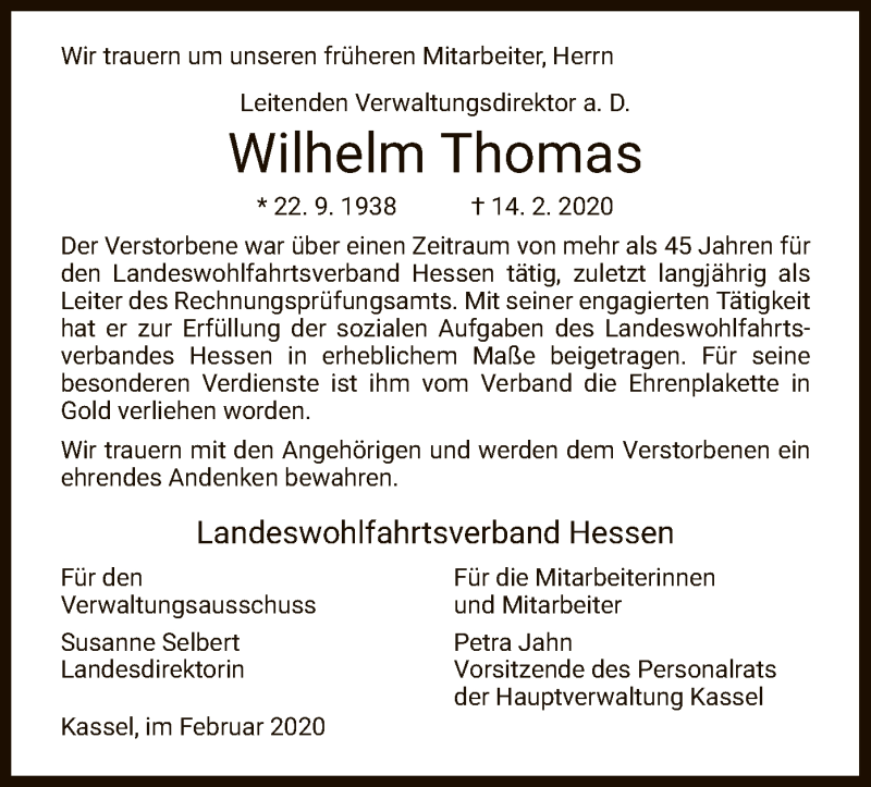  Traueranzeige für Wilhelm Thomas vom 20.02.2020 aus HNA