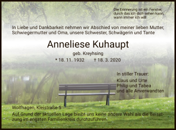 Traueranzeige von Anneliese Kuhaupt von HNA