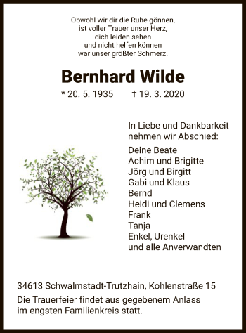 Traueranzeige von Bernhard Wilde von HNA