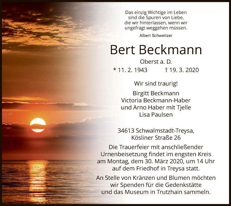  Traueranzeige für Bert Beckmann vom 27.03.2020 aus HNA